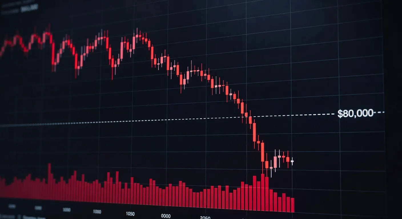 Wykres ceny Bitcoina z czerwonymi świecami pokazującymi krótkotrwały spadek poniżej 80 000 USD