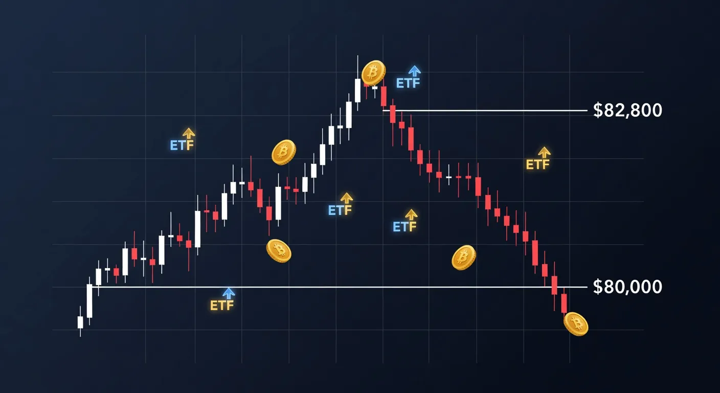 Wykres ceny Bitcoina z zaznaczonym oporem na 82 800 USD i spadkiem poniżej 80 000 USD oraz symbolami napływów do ETF