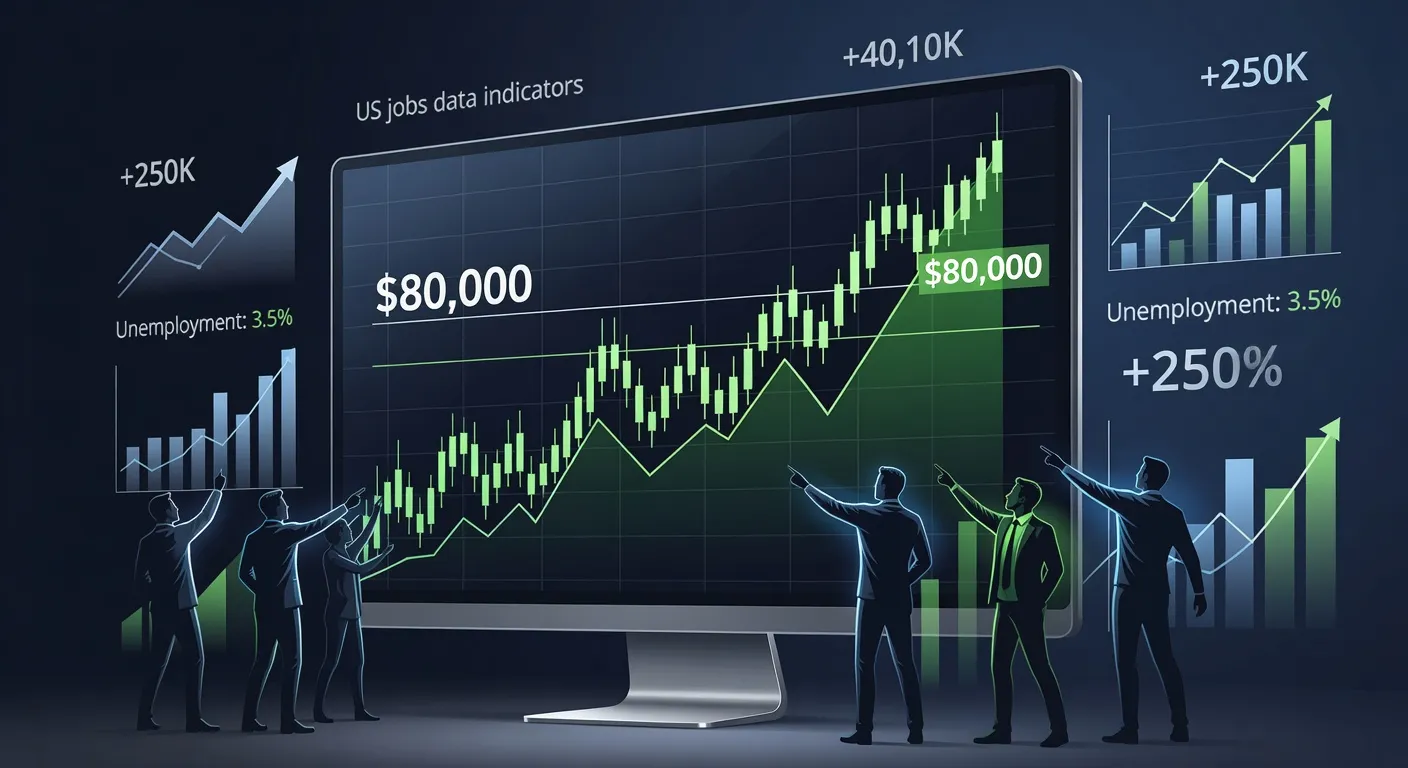 Wykres ceny Bitcoina testujący poziom 80 000 USD z elementami danych z amerykańskiego rynku pracy w tle