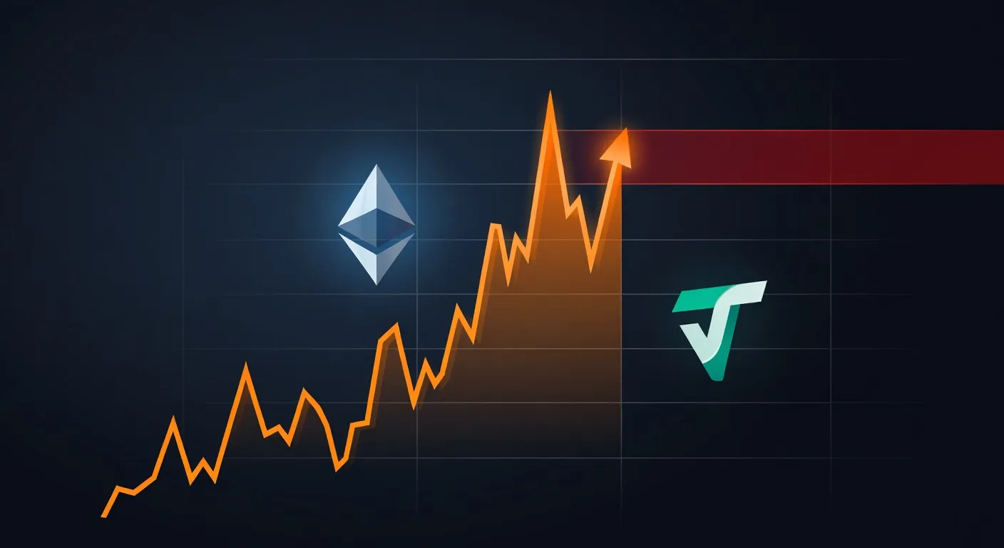 Wykres ceny Bitcoina zbliżającego się do poziomu oporu z symbolami Ethereum i Toncoin w tle