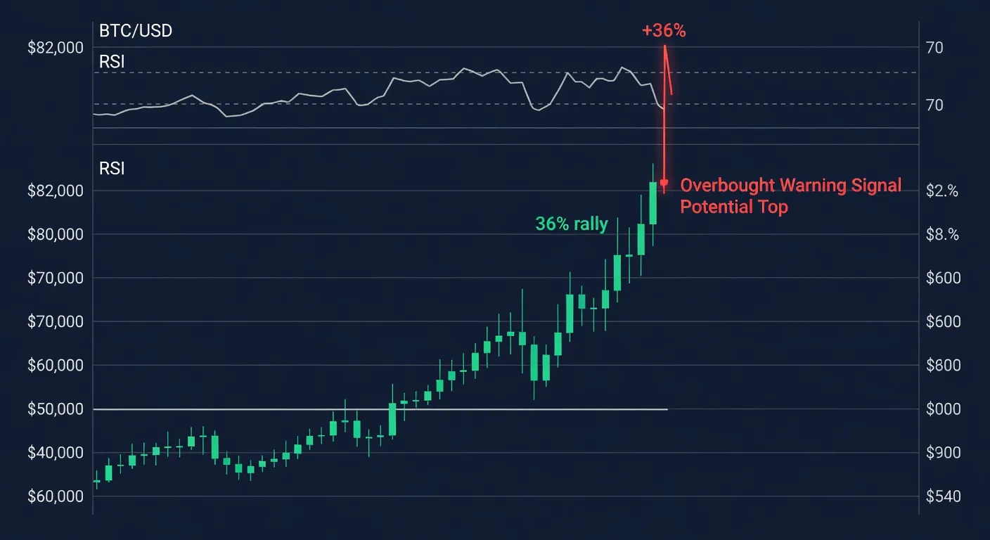 Wykres ceny Bitcoina z 36-procentowym wzrostem i linią wskaźnika RSI sygnalizującą wykupienie