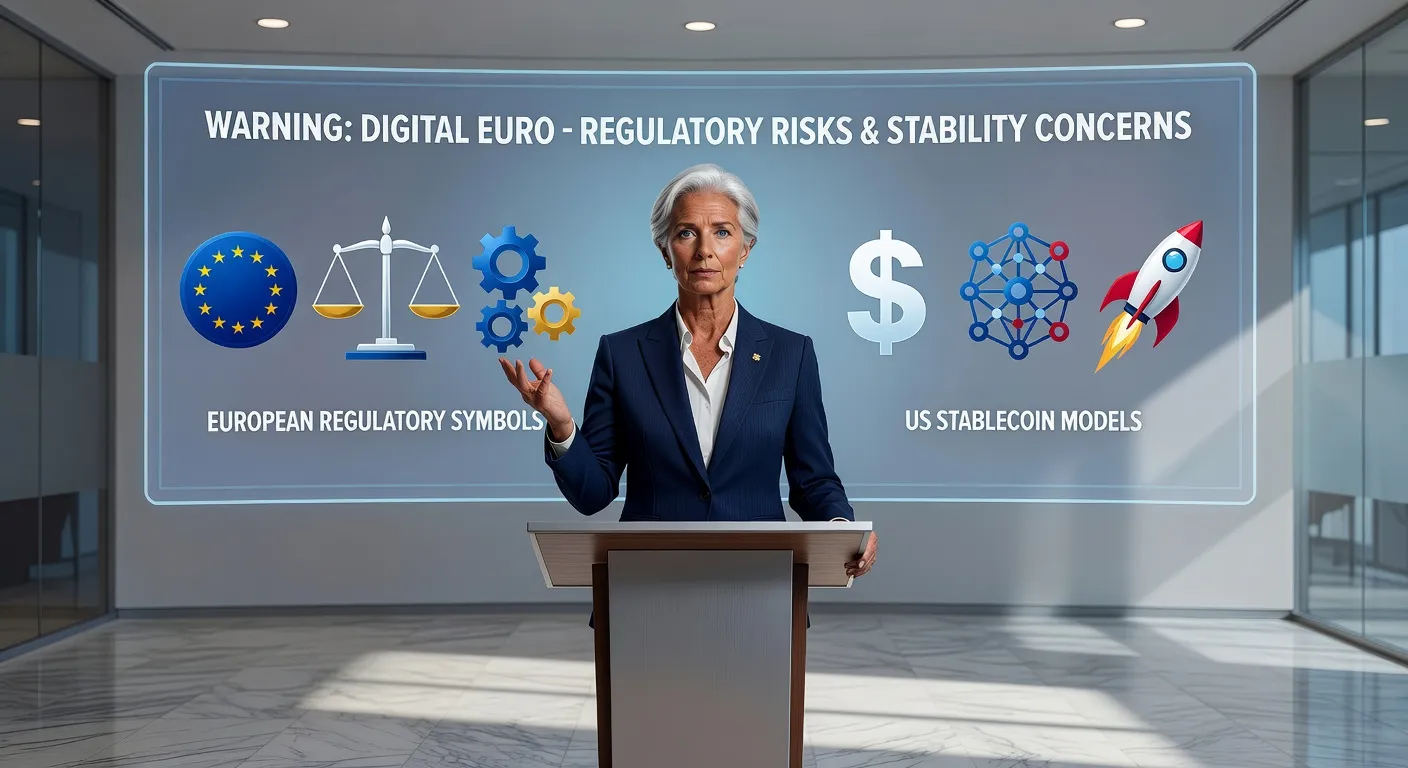 Ilustracja Christine Lagarde prezentującej ostrzeżenie na temat cyfrowego euro z symbolami regulacji UE i amerykańskich stablecoinów