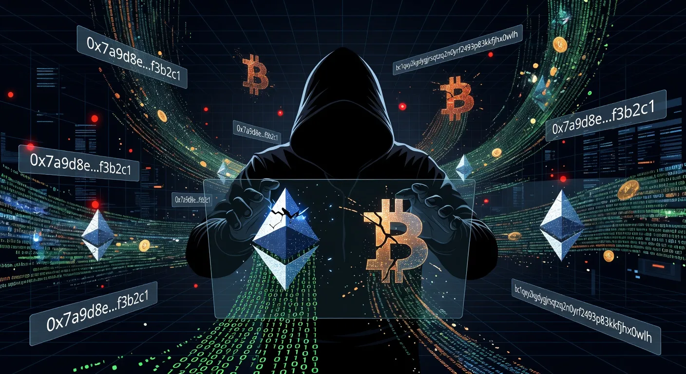 Ilustracja ataku hakerskiego na protokół DeFi z przepływem aktywów z symboli Ethereum i Bitcoin do wielu adresów portfeli