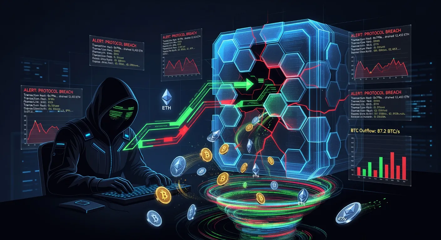 Ilustracja ataku hakerskiego na inteligentny kontrakt DeFi z odpływem tokenów WETH i WBTC