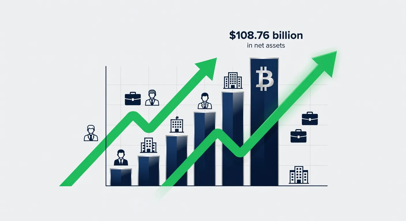 Ilustracja przedstawiająca wzrost aktywów Spot Bitcoin ETF-ów z wykresami słupkowymi i ikonami inwestorów instytucjonalnych