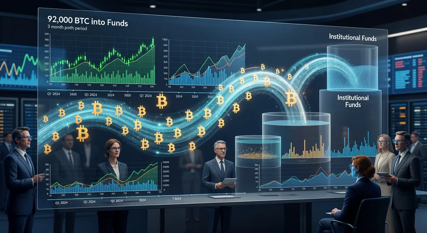 Ilustracja instytucjonalnych inwestorów gromadzących Bitcoina z wizualizacją napływu 92 000 BTC do funduszy