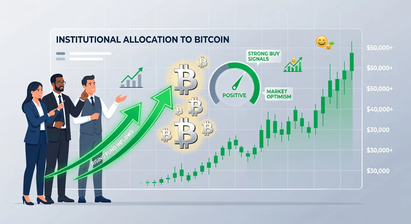 Profesjonalna ilustracja cyfrowa pokazująca inwestorów instytucjonalnych alokujących środki w Bitcoinie wraz z rosnącymi wykresami cen i wskaźnikami pozytywnego sentymentu w czystym stylu finansowym