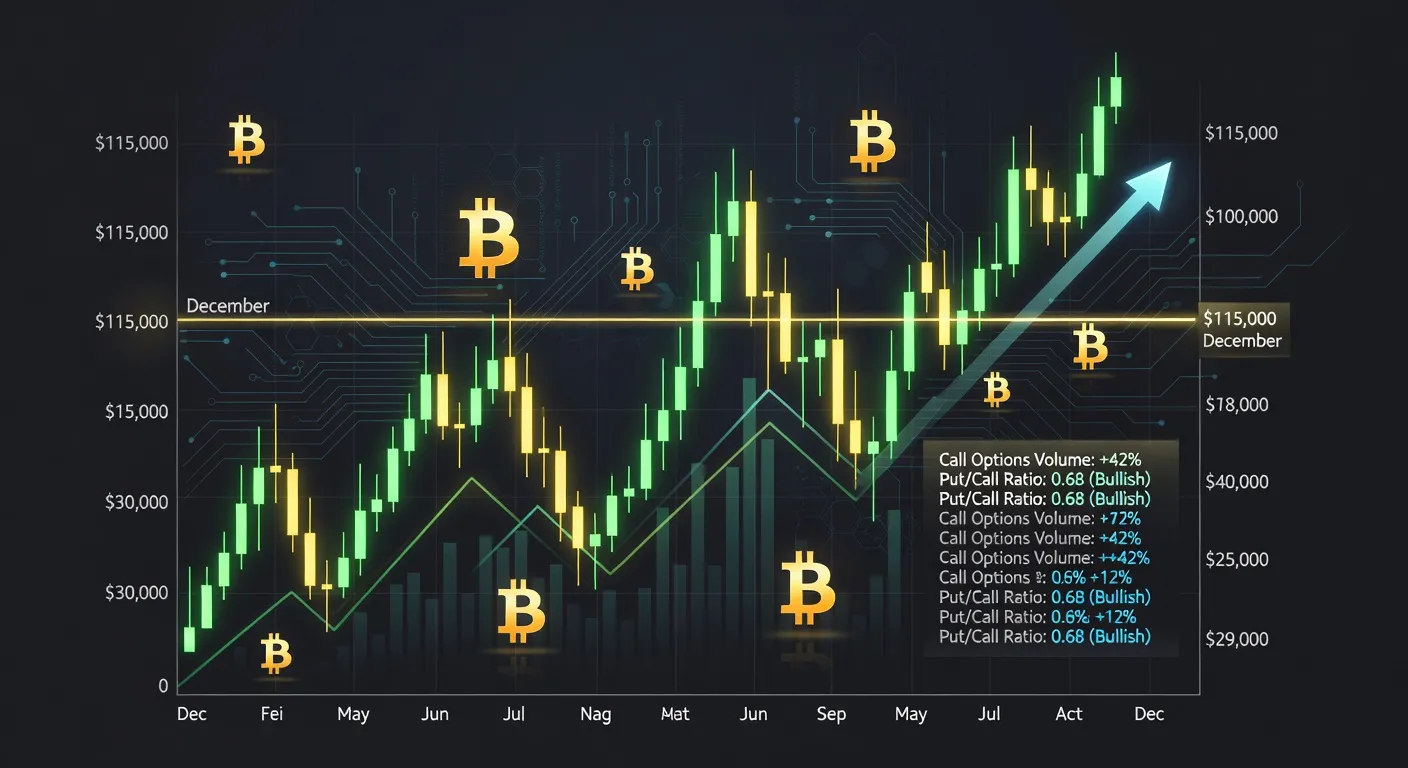 Wykres ceny Bitcoina z byczymi świecami zmierzającymi ku poziomowi 115 000 USD i nakładką danych z rynku opcji
