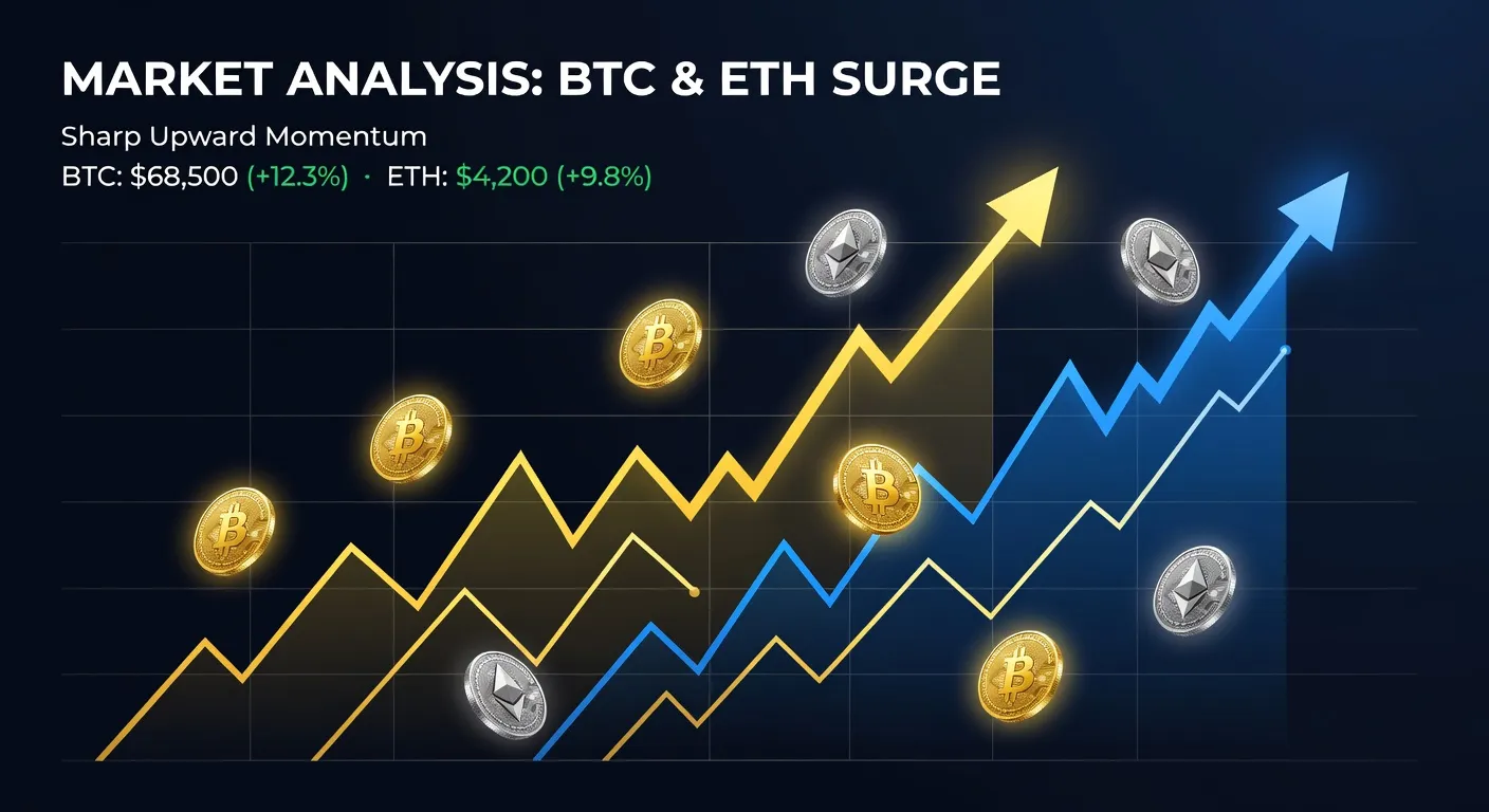 Wykresy cen Bitcoina i Ethereum w silnym trendzie wzrostowym z elementami analizy finansowej