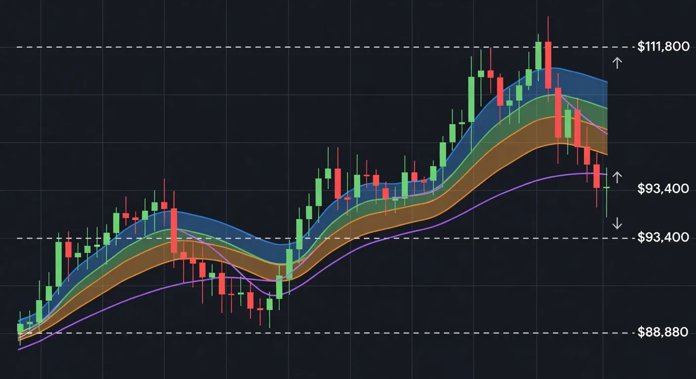 Wykres ceny Bitcoina z zaznaczonymi poziomami oporu dla różnych kohort posiadaczy i pasm realized price
