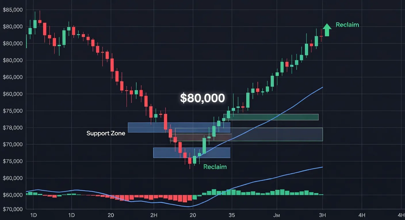 Wykres ceny Bitcoina z zaznaczonymi poziomami wsparcia po powrocie do 80 000 USD