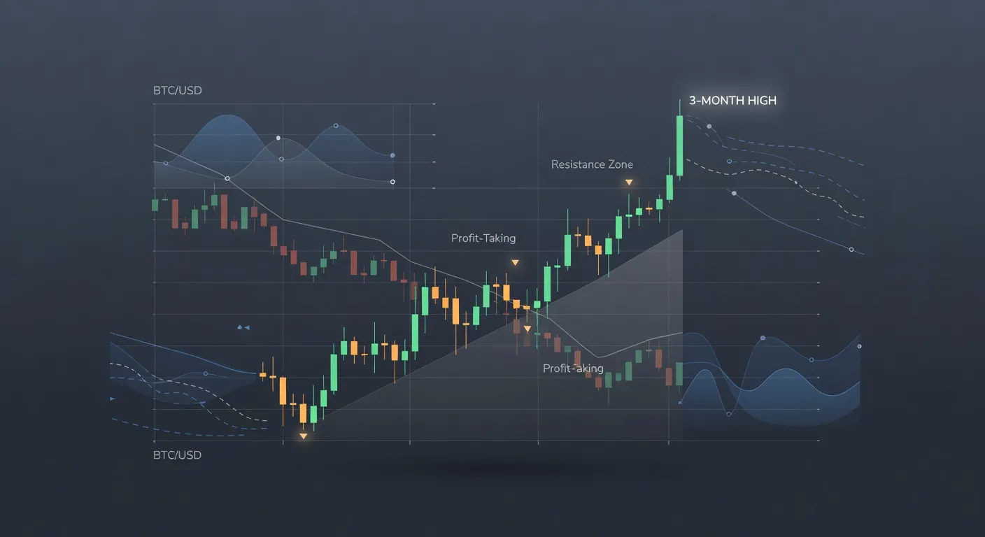 Wykres ceny Bitcoina z zaznaczonym trzymiesięcznym szczytem oraz wskaźnikami przepływów na giełdy