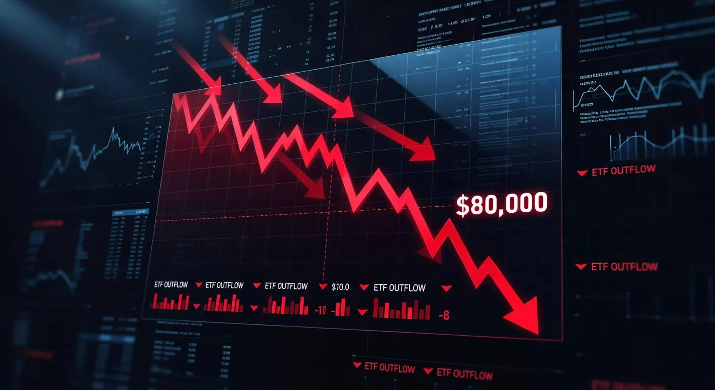 Wykres ceny Bitcoina spadającego poniżej 80 000 USD z czerwonymi strzałkami i wskaźnikami odpływu z ETF