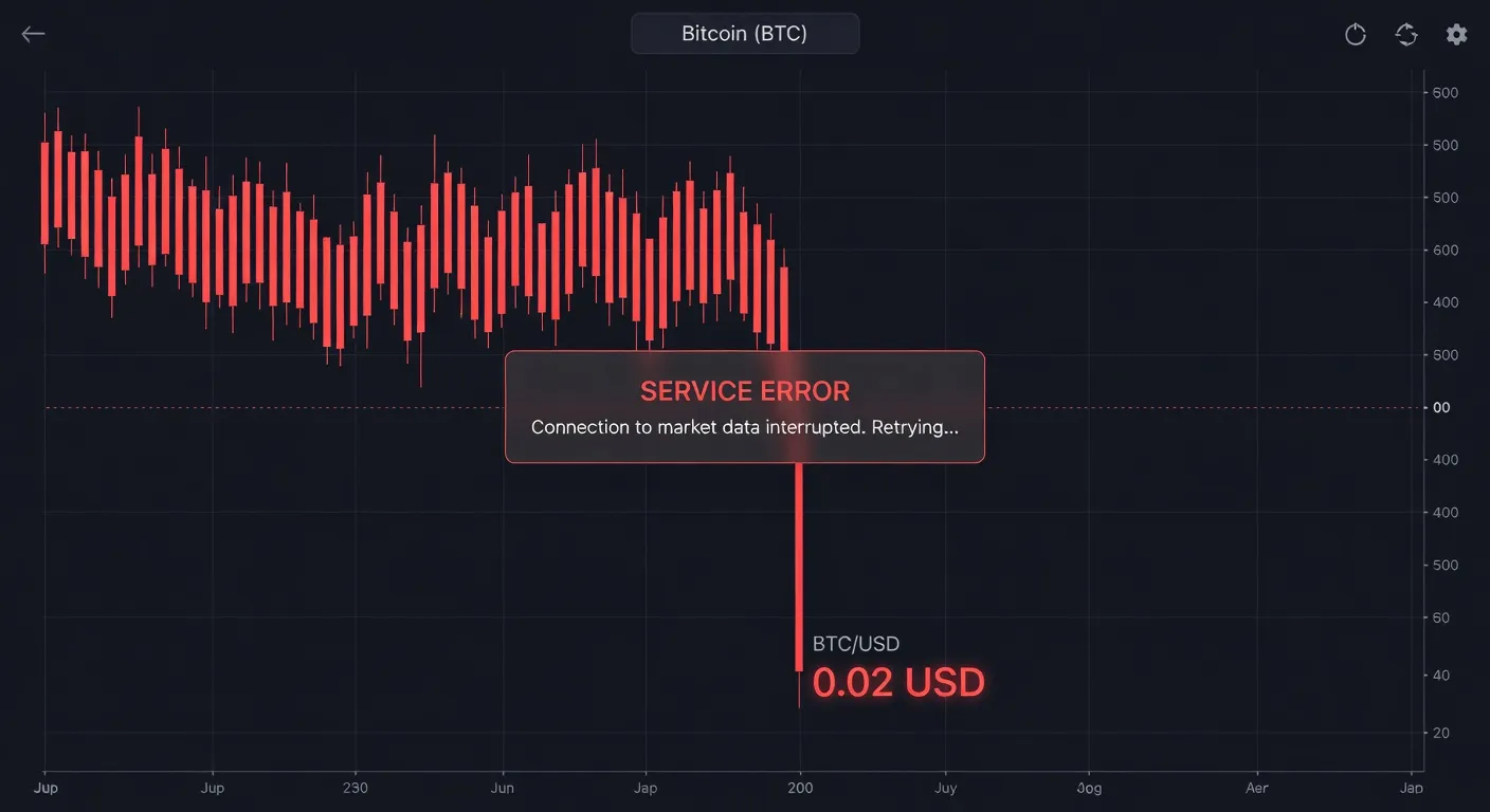 Interfejs aplikacji do handlu kryptowalutami z czerwonymi świecami spadku Bitcoina do 0,02 USD i komunikatem błędu
