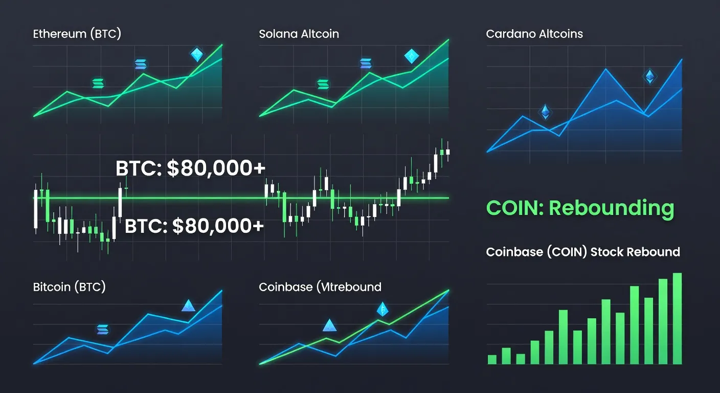 Profesjonalna ilustracja wykresu Bitcoina powyżej 80 000 USD z rosnącymi wykresami altcoinów i odbiciem notowań Coinbase