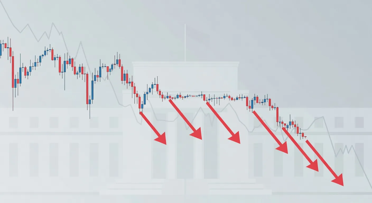 Wykres ceny Bitcoina z czerwonymi strzałkami wskazującymi odpływy z ETF na tle słabnącego indeksu dolara i budynku Rezerwy Federalnej