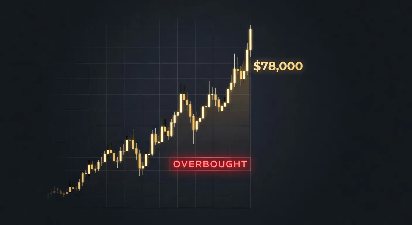 Dramatyczna ilustracja wykresu ceny Bitcoina z ostrym wzrostem i sygnałem wykupienia RSI na poziomie 78 000 USD w ciemnych tonach ze złotymi akcentami