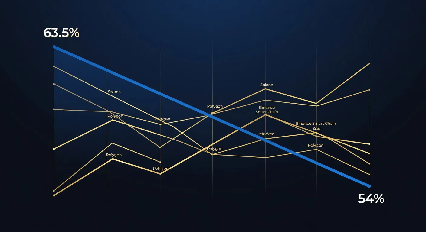 Ilustracja spadku udziału Ethereum w TVL DeFi z 63,5 proc. do 54 proc. na wykresie