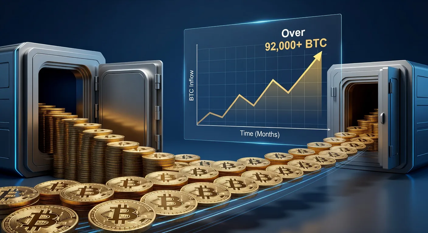 Ilustracja akumulacji Bitcoina przez fundusze z wykresem napływu 92 000 BTC