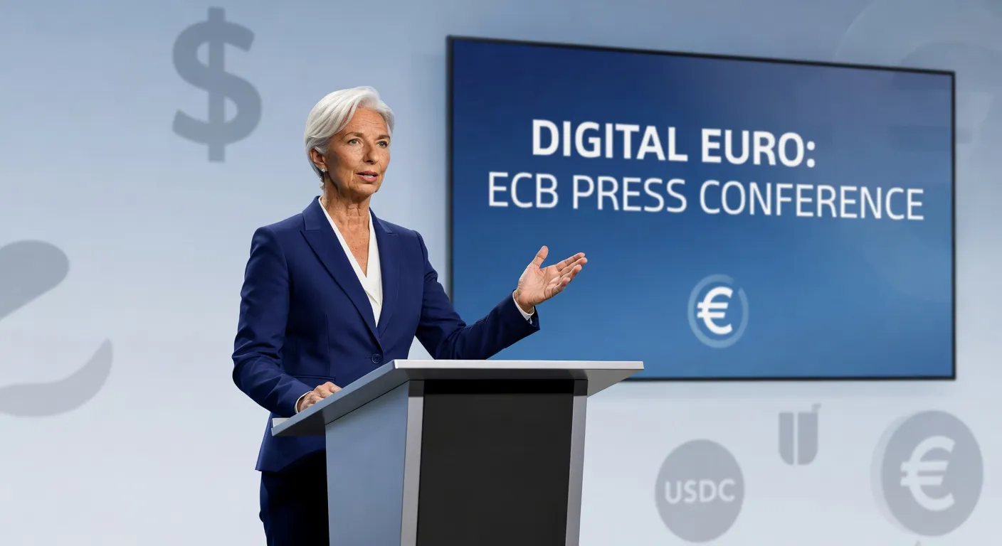 Ilustracja Christine Lagarde podczas konferencji prasowej EBC z subtelnymi symbolami dolara amerykańskiego i stablecoinów w tle