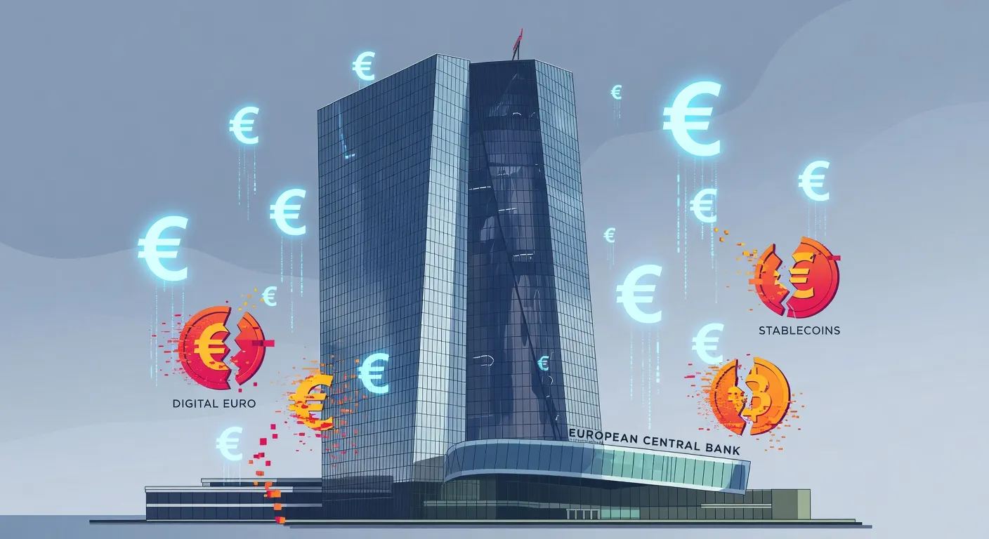 Siedziba Europejskiego Banku Centralnego z symbolami cyfrowego euro i rozproszonymi ikonami monet stabilnych