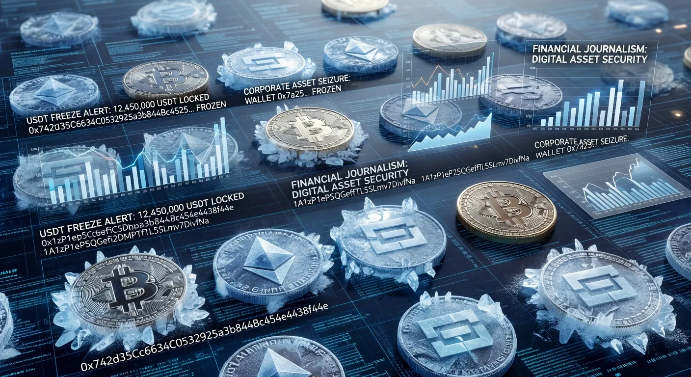 Zamrożone tokeny USDT na cyfrowym łańcuchu bloków z niebieskimi akcentami finansowymi