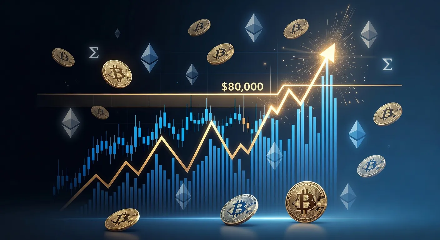 Wykres ceny Bitcoina przekraczającego 80 000 USD z monetami i symbolami Ethereum w tle w stylu analizy finansowej