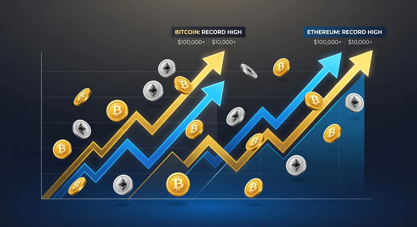 Cyfrowa ilustracja wykresów cen Bitcoina i Ethereum rosnących ku rekordom z złotymi monetami i strzałkami w górę
