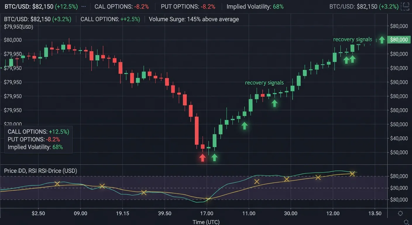 Wykres ceny Bitcoina z zaznaczonym spadkiem poniżej 80 000 USD oraz sygnałami odbicia