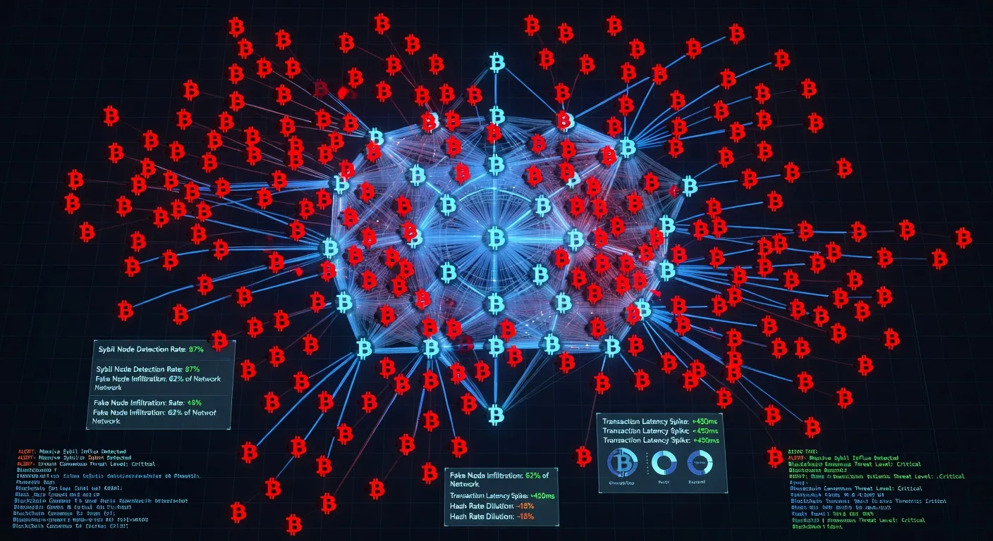 Ilustracja sieci Bitcoin z tysiacami falszywych wezlow P2P infiltrujacych zdecentralizowana infrastrukture