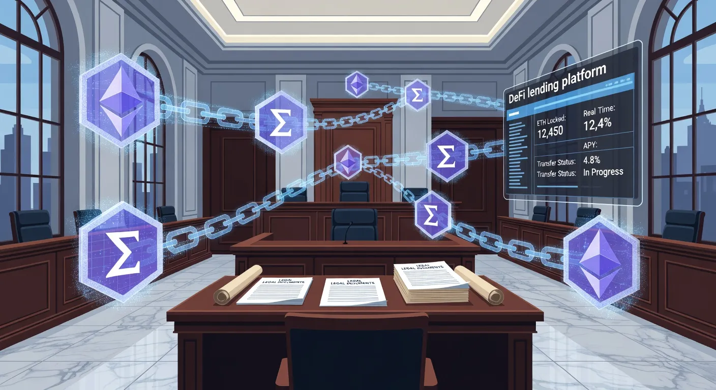 Ilustracja sali sądowej w Nowym Jorku z symbolami Ethereum i transferem zamrożonych aktywów na platformę DeFi