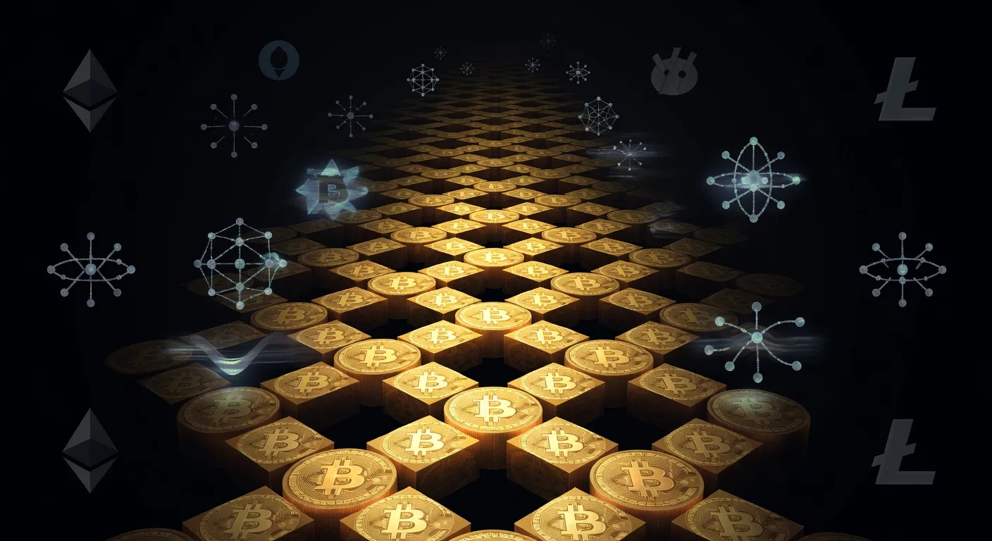 Ilustracja sieci blockchain Bitcoina z zanikającymi blokami nagród wydobywczych i symbolami obliczeń kwantowych