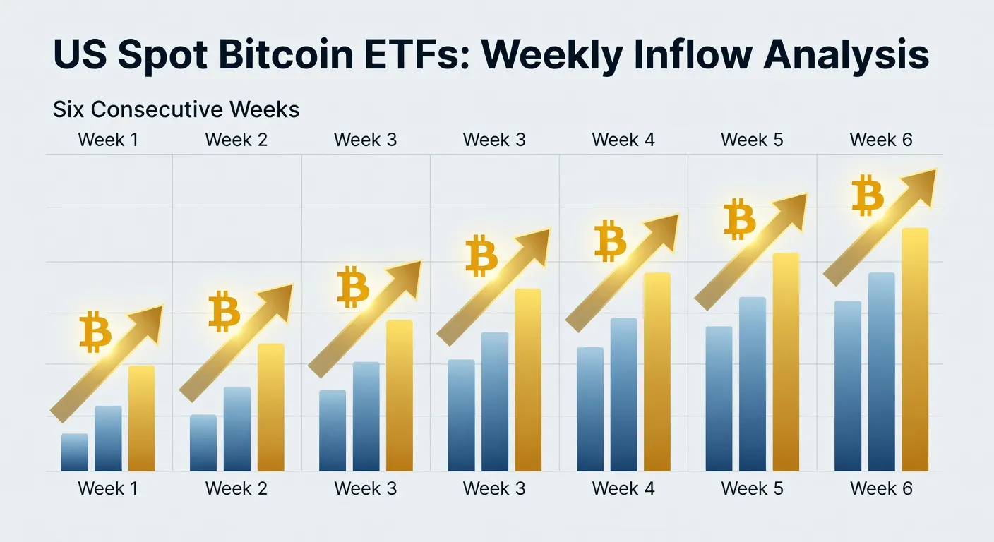 Ilustracja funduszy ETF na Bitcoina z wykresami naplywow i symbolami BTC przez kolejne tygodnie