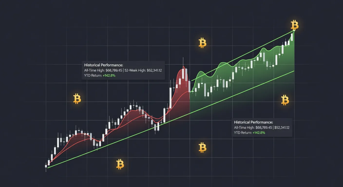 Wykres ceny Bitcoina z zaznaczonym breakoutem Kumo, liniami trendu i symbolami BTC