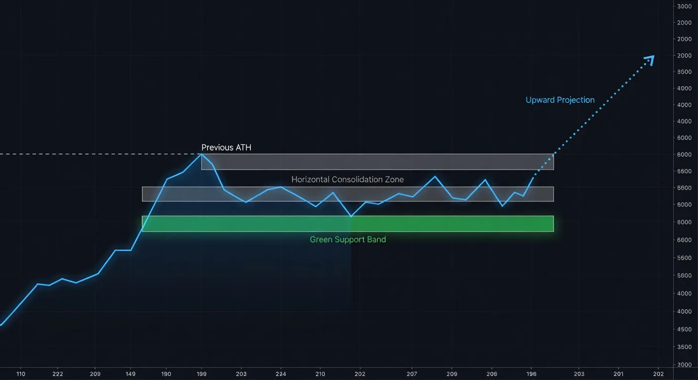Wykres ceny Bitcoina na TradingView z retestem poprzedniego ATH, strefą konsolidacji i zielonym pasem wsparcia