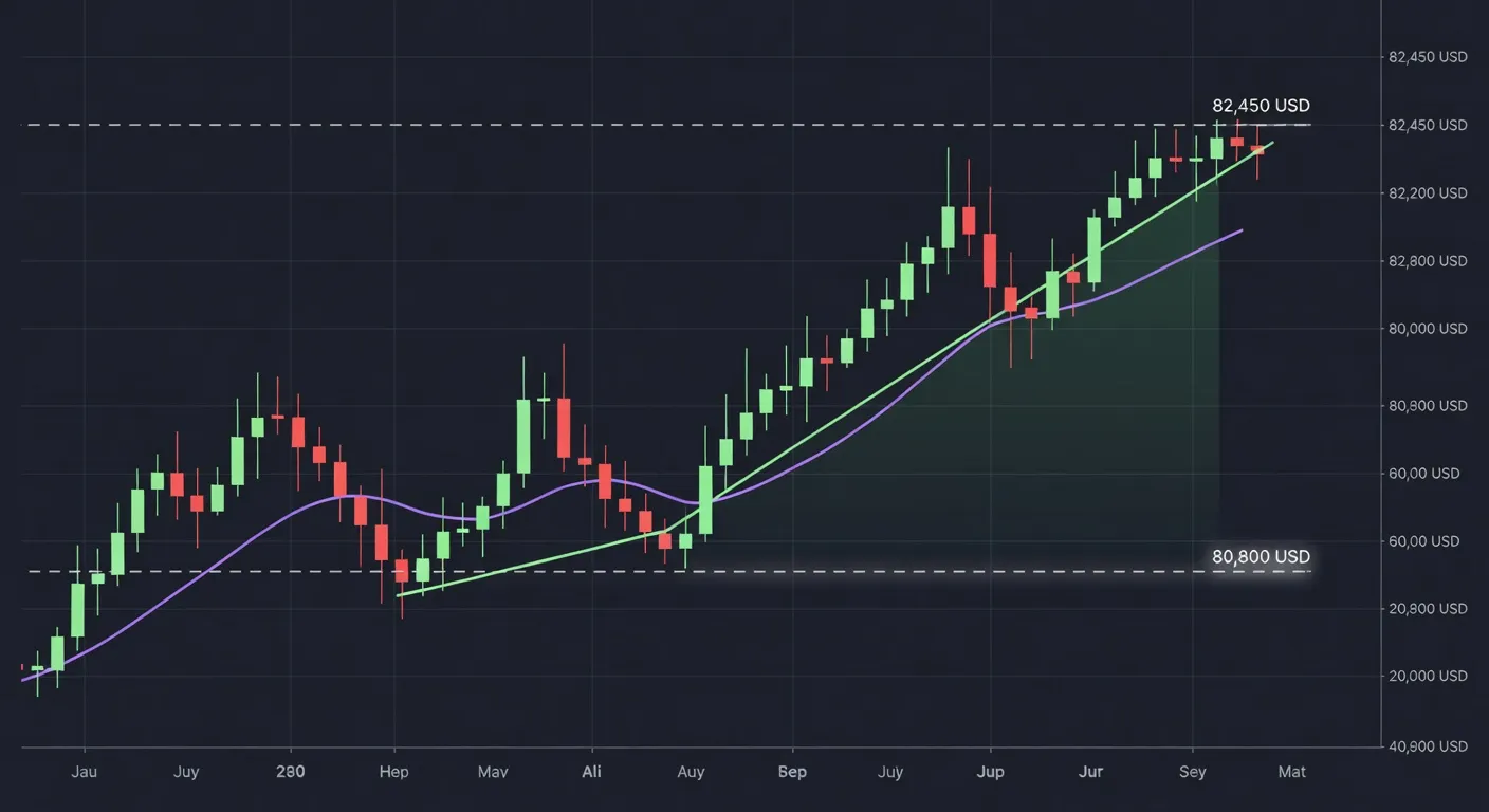 Wykres ceny Bitcoina z linią trendu wzrostowego, wsparciem na 80 800 USD i oporem na 82 450 USD