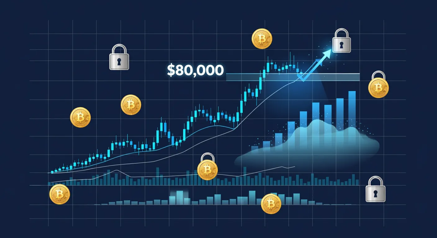 Wykres ceny Bitcoina przełamujący opór na poziomie 80 000 USD z zaznaczonymi strefami podaży i wsparciem