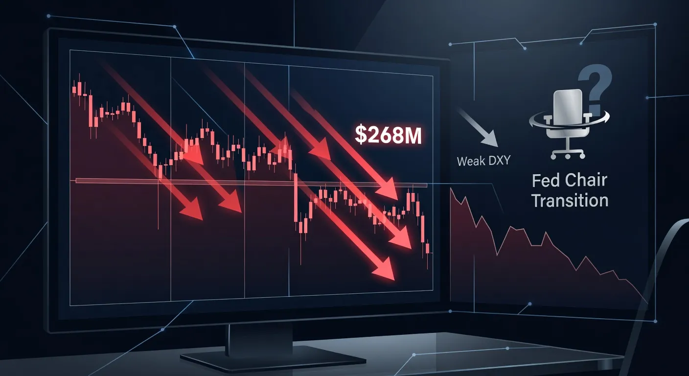 Wykres ceny bitcoina z symbolami odpływów z ETF-ów oraz słabego indeksu DXY