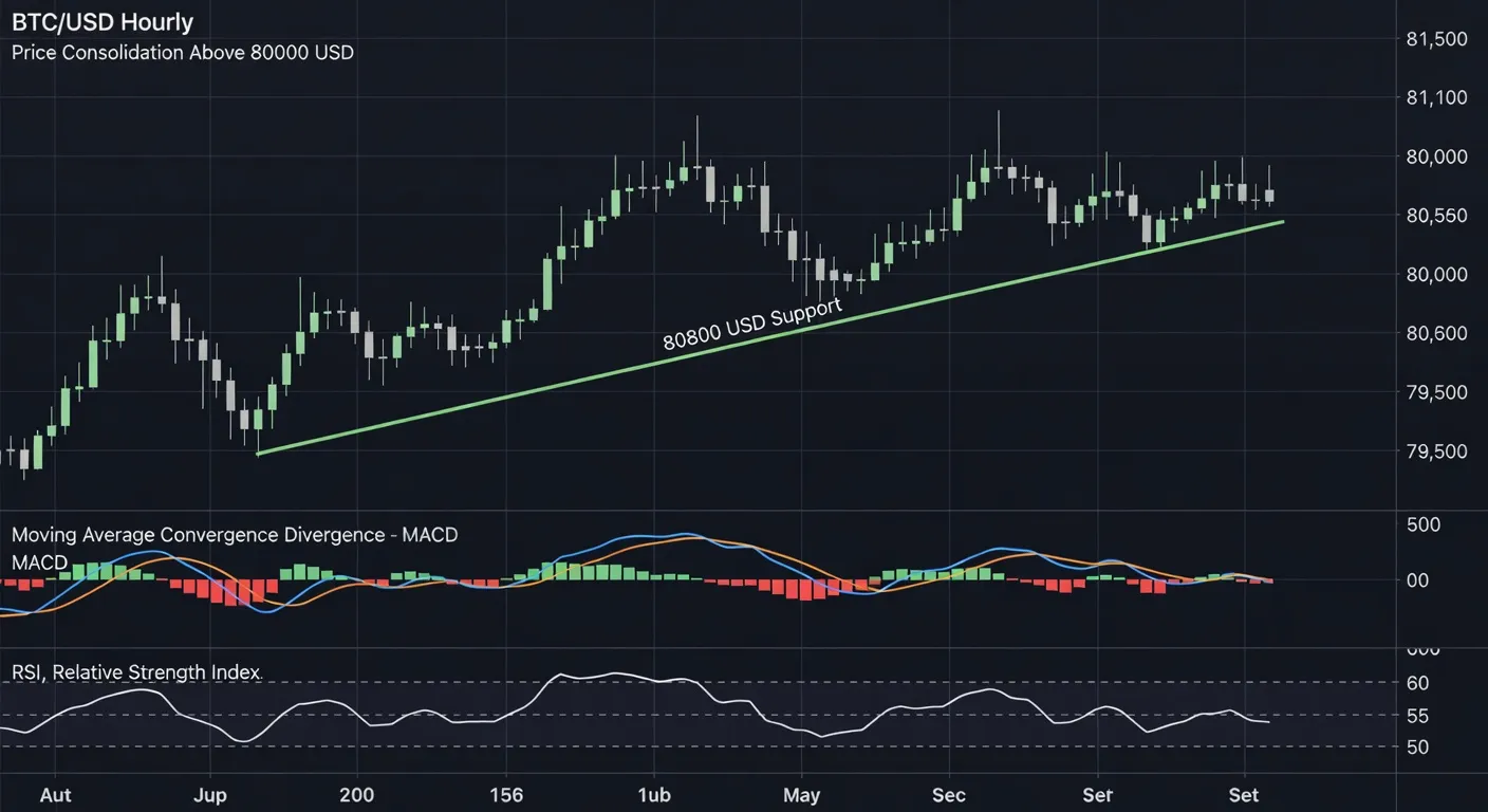 Wykres świecowy Bitcoina na interwale godzinowym z konsolidacją powyżej 80 000 USD, linią trendu wzrostowego oraz wskaźnikami MACD i RSI