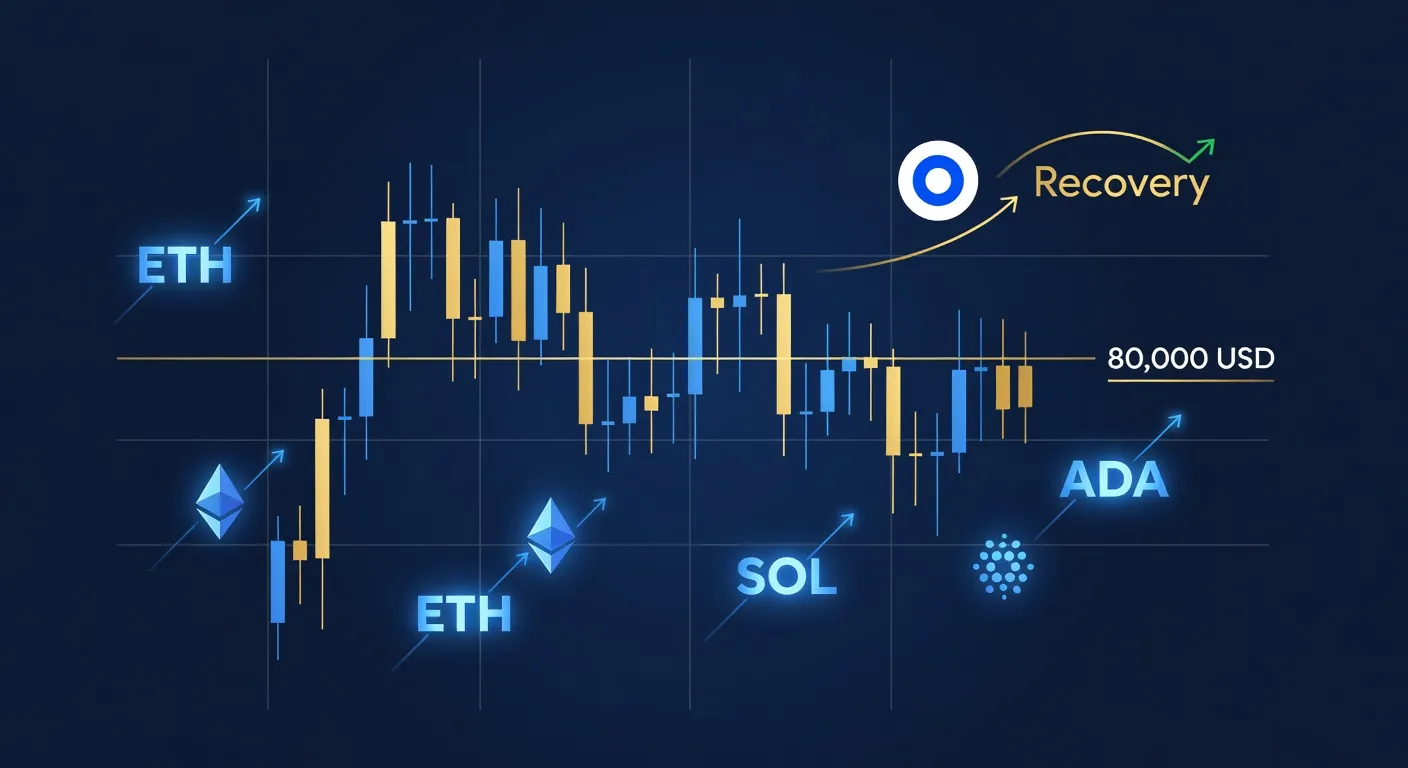 Wykres ceny Bitcoina utrzymującej się powyżej 80 000 USD z symbolami altcoinów i logo Coinbase