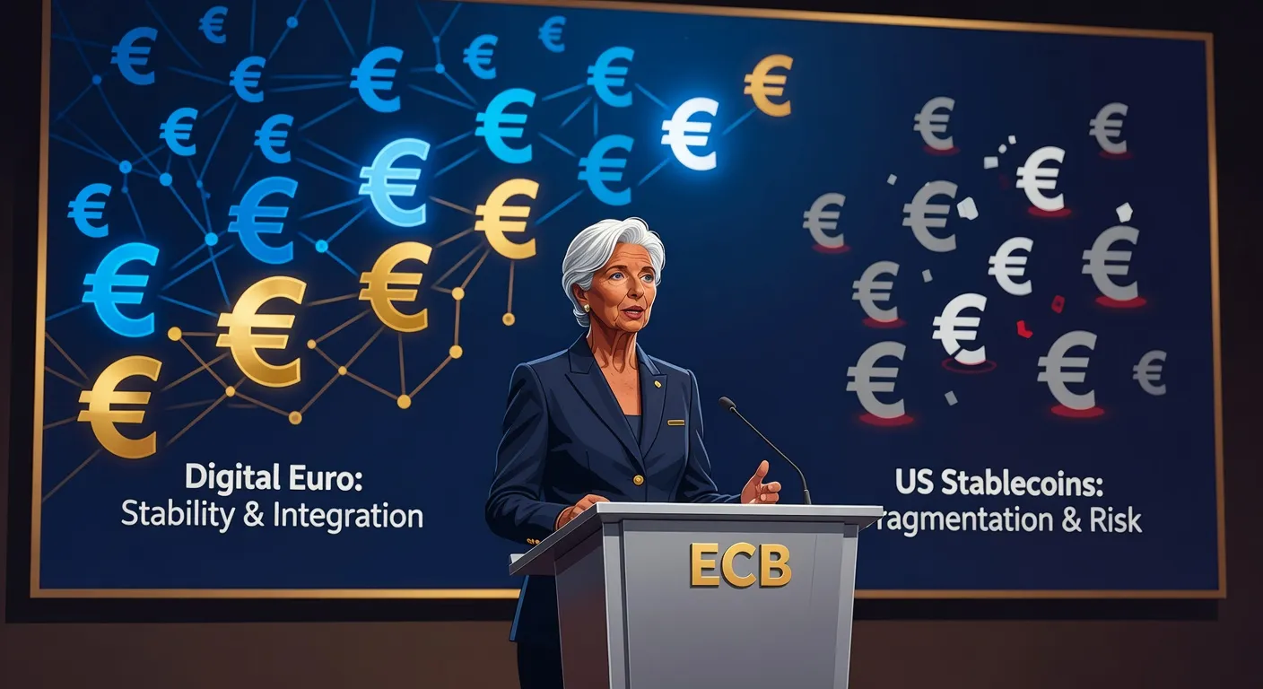 Ilustracja Christine Lagarde przy podium EBC z symbolami cyfrowego euro i amerykańskich stablecoinów w tle, styl nowoczesny w tonach niebiesko-złotych