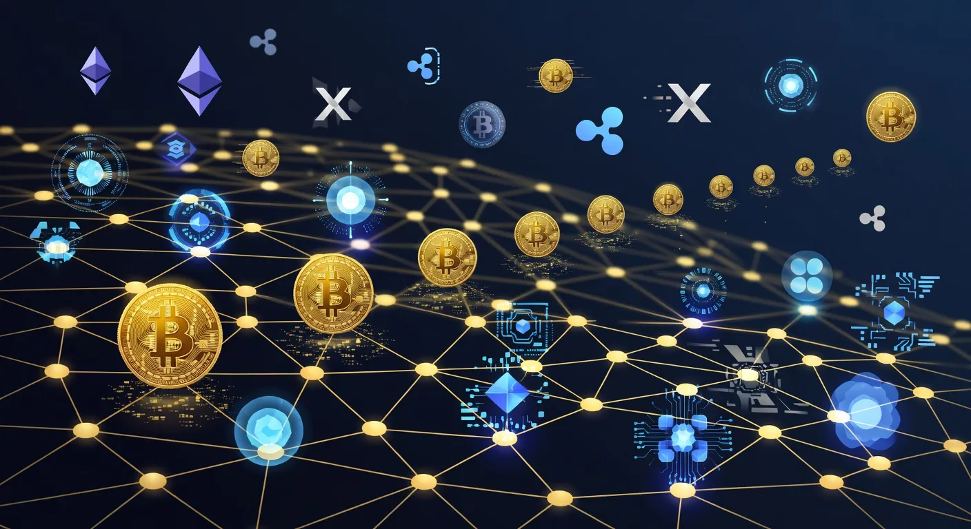 Ilustracja sieci Bitcoin z zanikającymi złotymi monetami symbolizującymi nagrody za wydobycie na tle ikon komputerów kwantowych