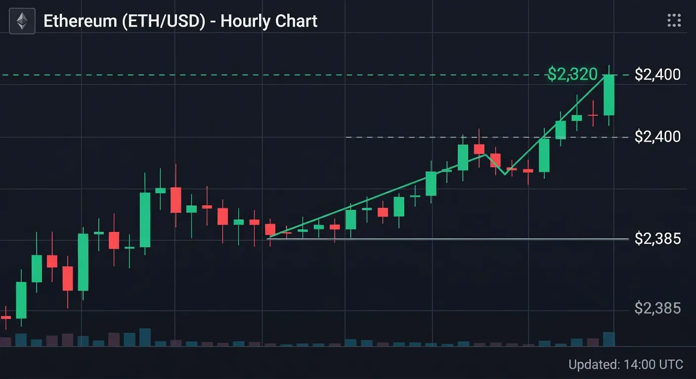 Wykres analizy technicznej Ethereum z godzinowymi świecami, linią trendu wzrostowego i poziomami wsparcia 2320 USD oraz oporu 2385 USD