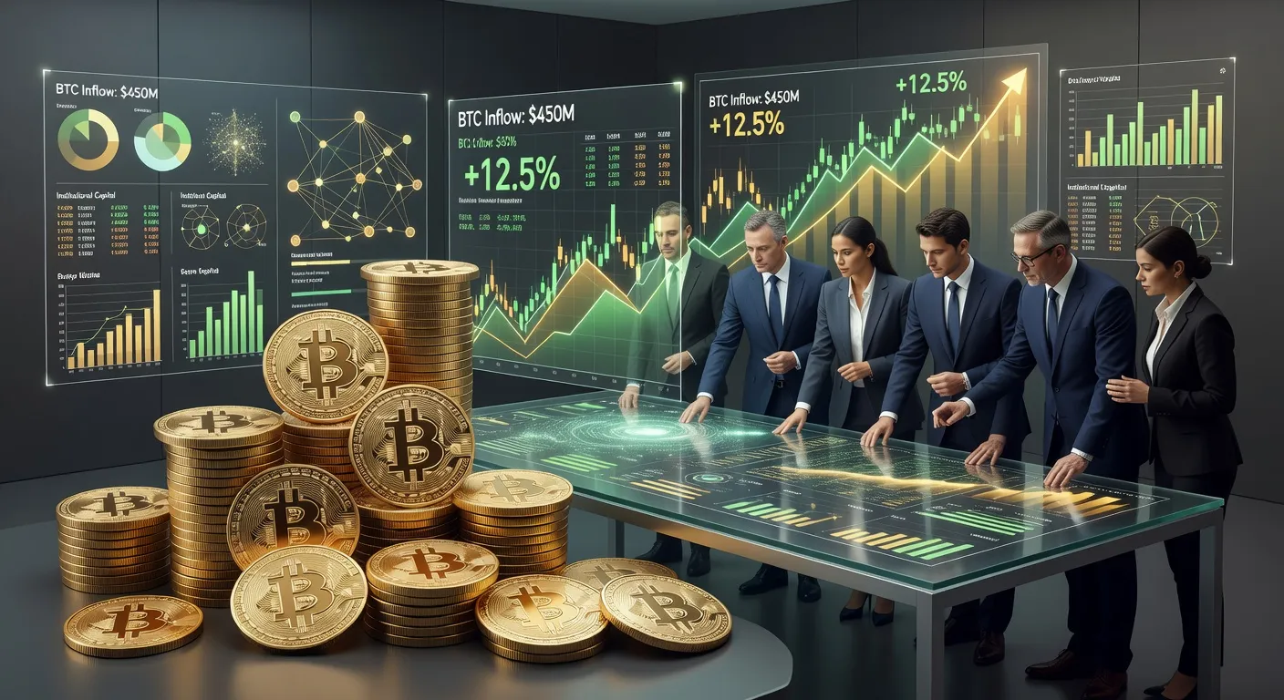 Ilustracja przedstawiająca napływ kapitału do funduszy Bitcoin z wykresami wzrostowymi i stosami monet
