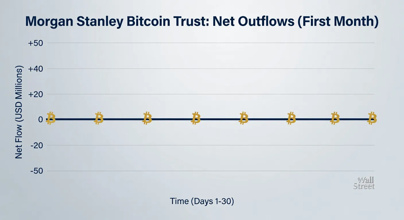 Profesjonalna ilustracja wykresu Morgan Stanley Bitcoin Trust pokazująca brak odpływów netto w pierwszym miesiącu z symbolami Bitcoina i brandingiem Wall Street