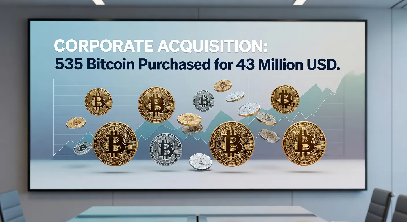 Ilustracja finansowa korporacyjnego zakupu 535 bitcoinów za 43 miliony USD z wykresami i symbolami kryptowalut