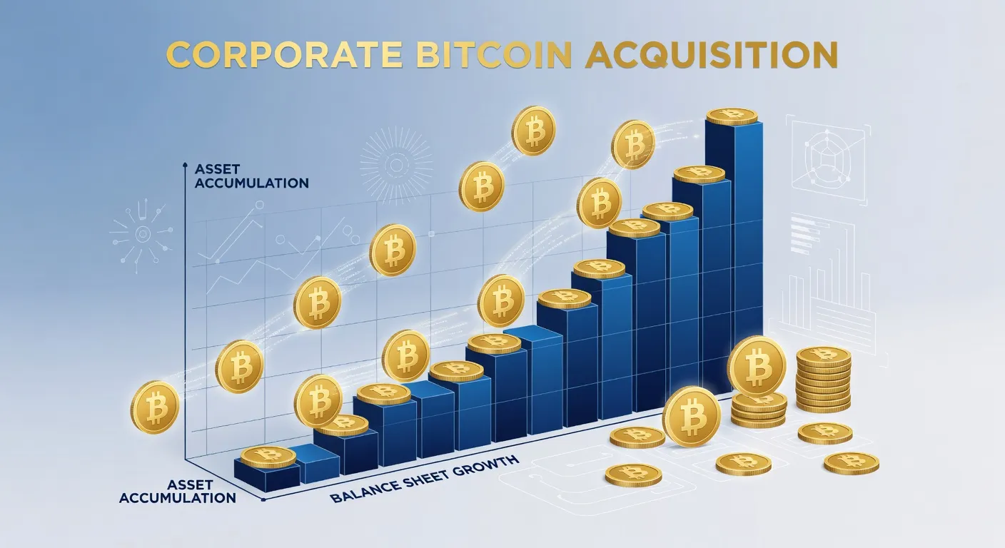 Ilustracja korporacyjnej akwizycji Bitcoinów z wykresem bilansowym w kolorach niebieskim i złotym