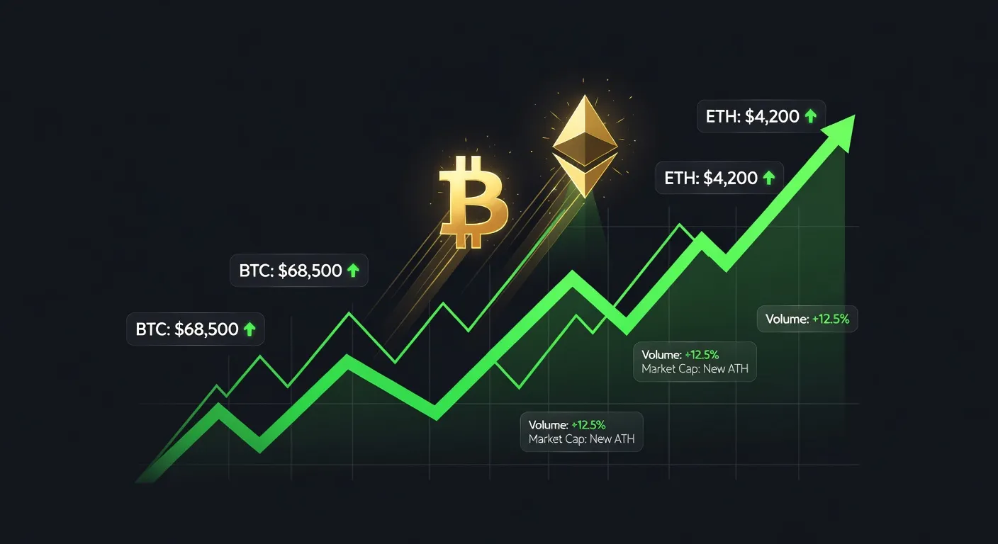 Wykres ceny Bitcoina i Ethereum rosnących ku nowym maksimom na ciemnym tle z zielonymi trendami wzrostowymi
