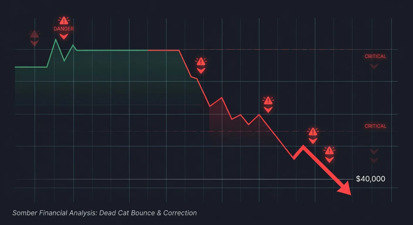 Wykres ceny Bitcoina z zaznaczonym zjawiskiem dead cat bounce oraz kierunkiem możliwej korekty w dół