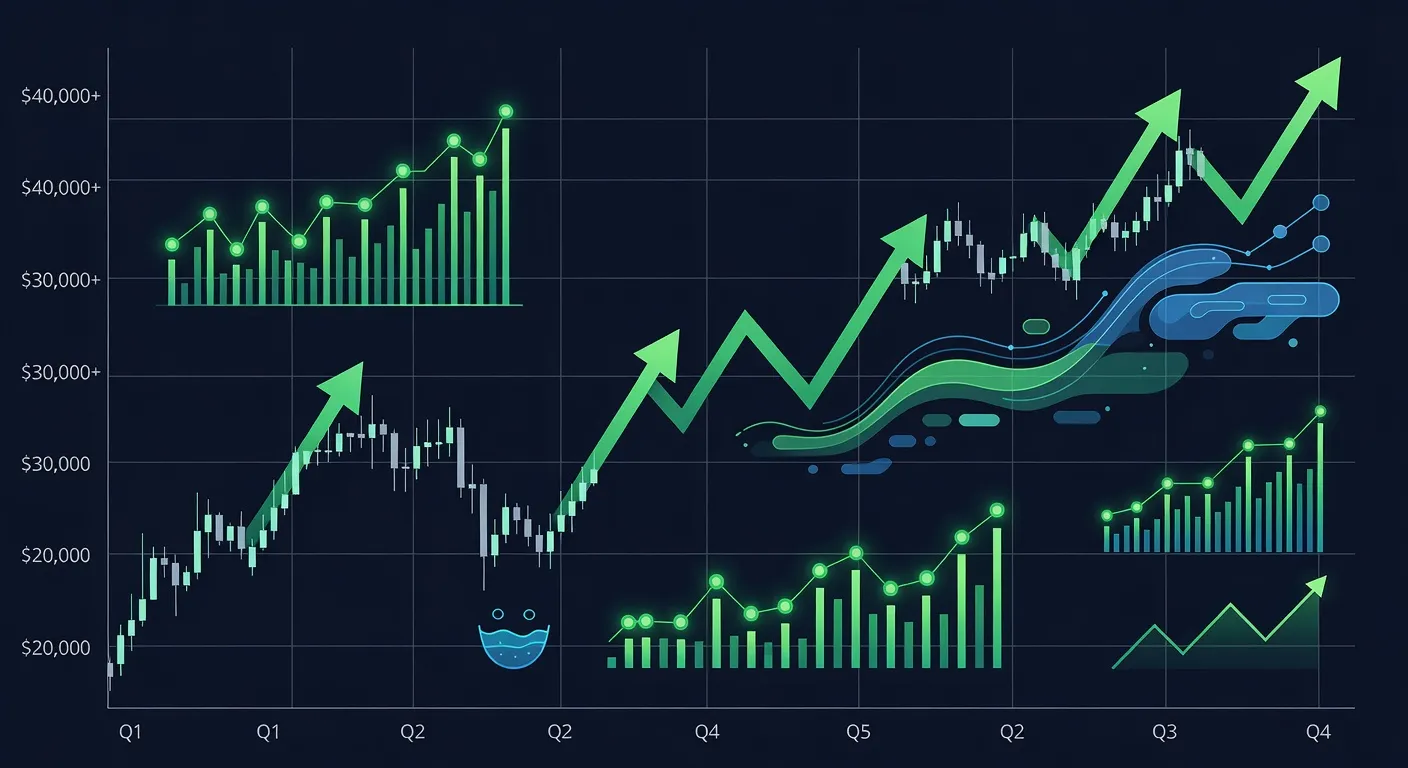 Profesjonalna ilustracja finansowa wykresu ceny Bitcoina z zielonymi strzalkami wskazujacymi wzrost momentum i odbudowe plynnosci